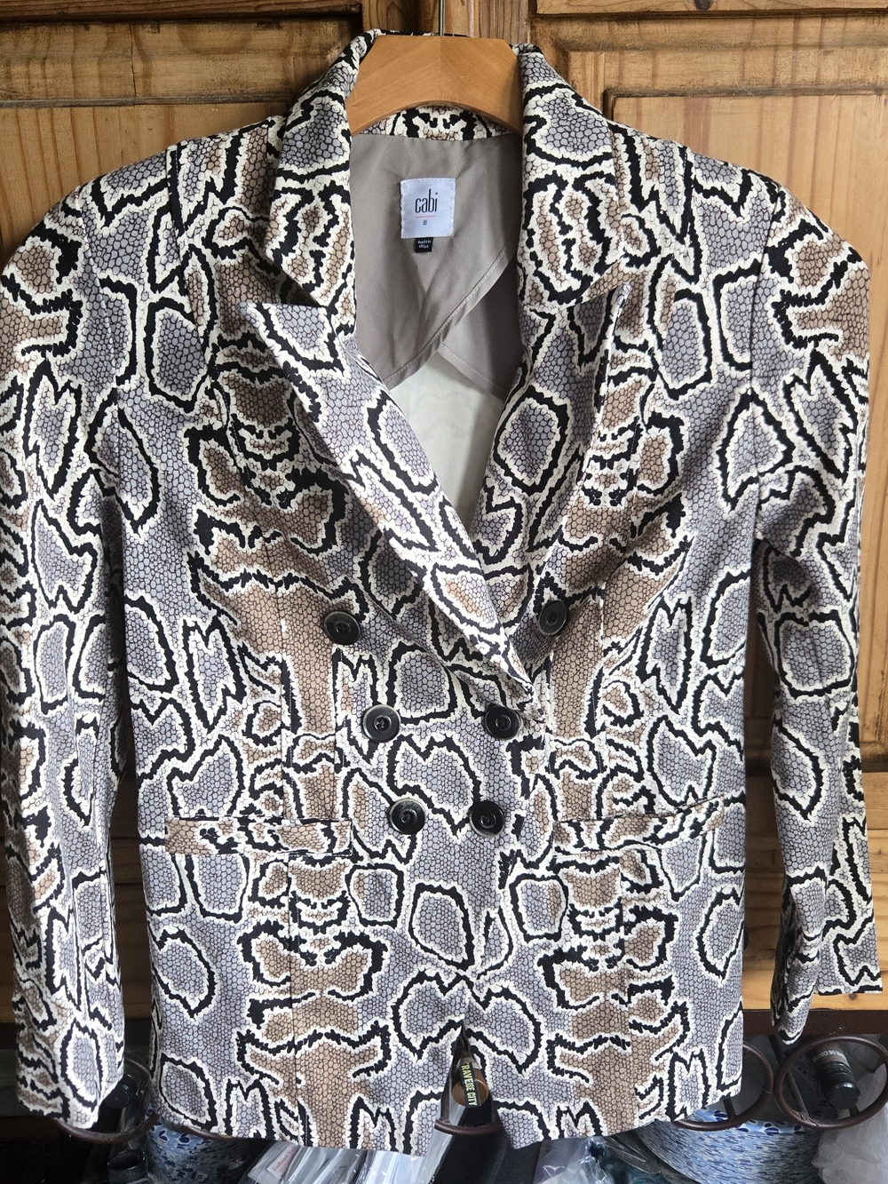 Cabi Printed Double-Breasted Blazer Jacket in Neutral Snake Print